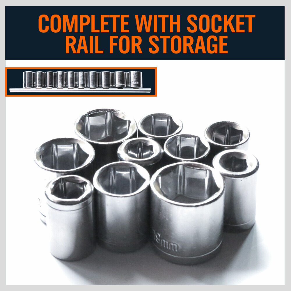 Metric Socket Set with Various Socket Sizes on Rail