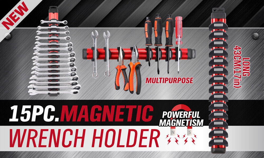 HORUSDY Magnetic Wrench Holder with 15 Slots, Durable Red Wall Mounted Tool Organizer for Spanners and Screwdrivers