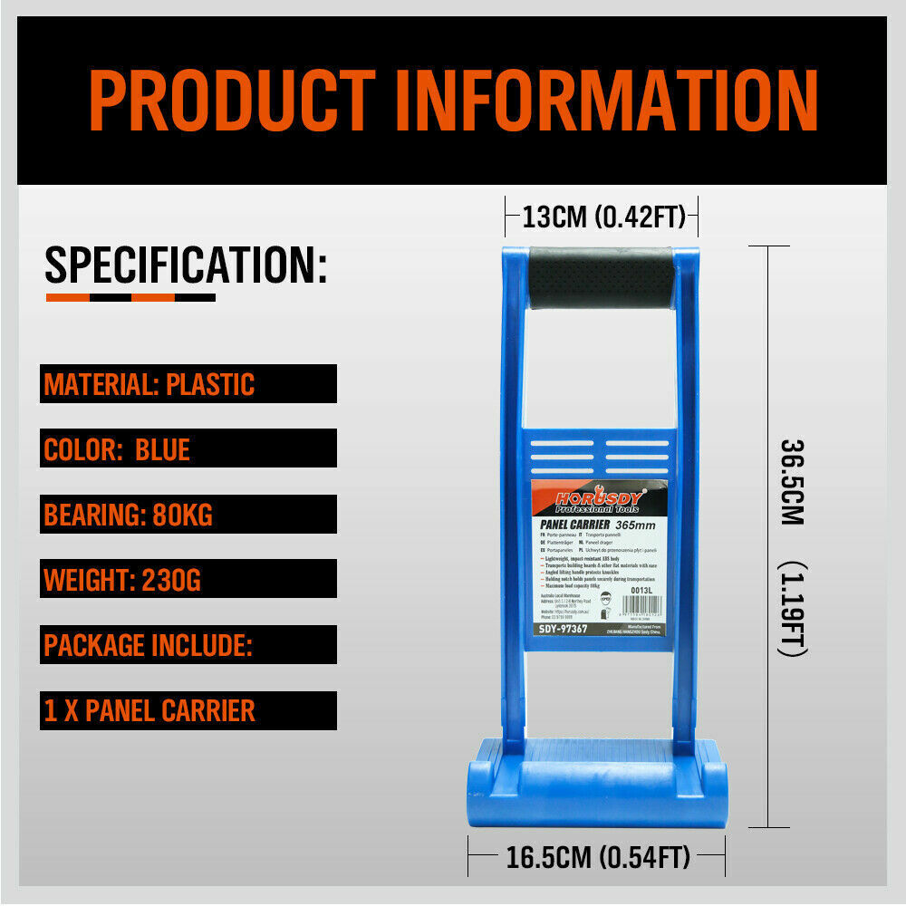 Sturdy ABS Plastic Panel Carrier for Drywall and Plywood - Hand-Carry with Ease, 80KG Loading Capacity, 365mm x 165mm Size