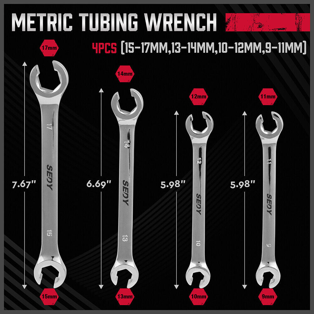 SEDY 4-Piece Metric Flare Nut Wrench Set, Dual Sizes 9-17mm, Durable CR-V Steel, with Convenient Storage Pouch