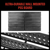 Wall-mounted storage bins rack with 30 durable bins in various colors for organized workshop and garage storage.