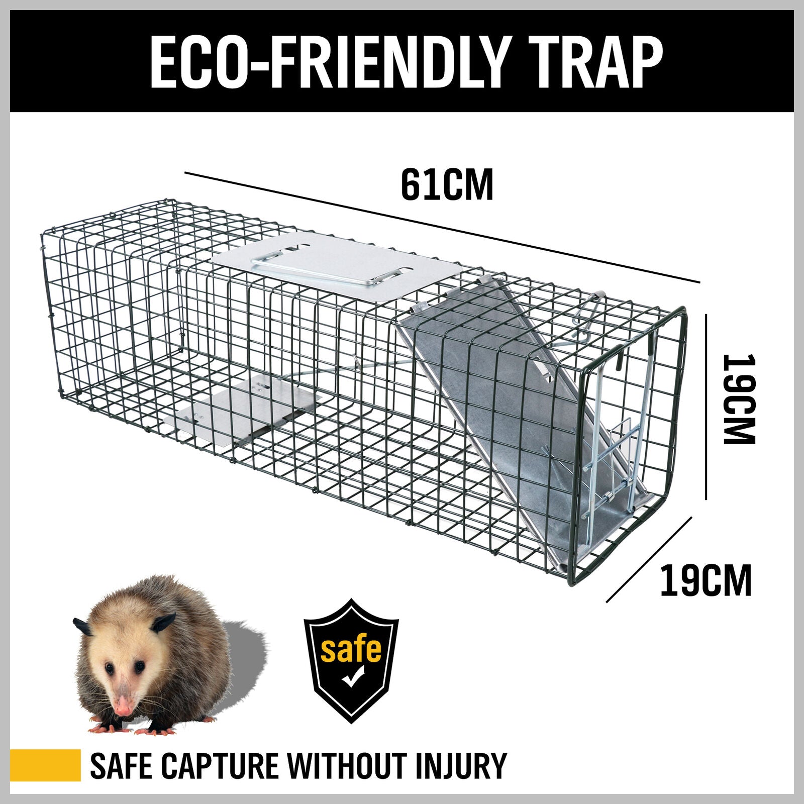 Humane steel animal trap cage in two sizes, ideal for safely catching possums, foxes, rats, cats, rabbits, and birds without harm