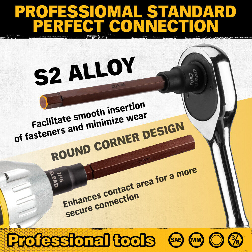 Comprehensive ELEAD 20-Piece Extra Long Hex Bit Socket Set - Includes SAE and Metric Sizes, Forged S2 Alloy Steel Bits, Chrome Vanadium Steel Sockets