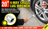 Heavy-Duty 20-Inch 4-Way Cross Wheel Wrench with 17mm, 19mm, 21mm, 23mm Sockets