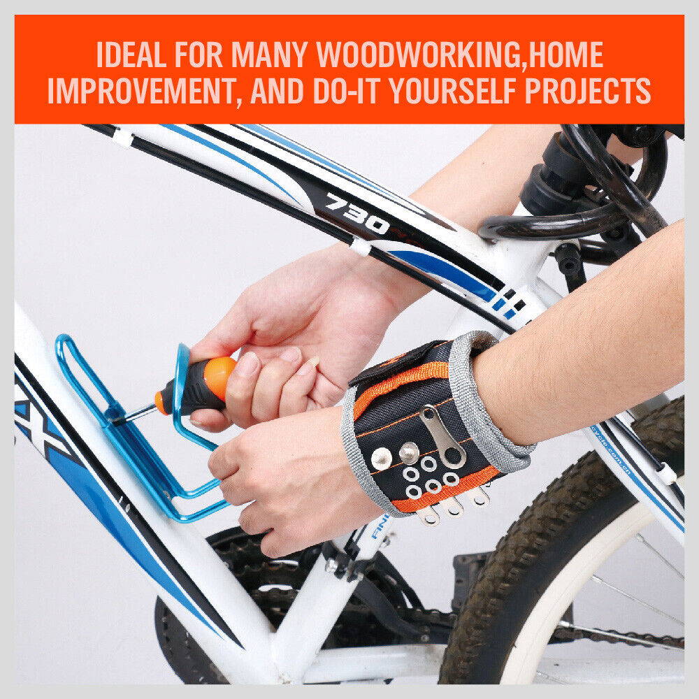 Adjustable magnetic wristband with strong magnets for securing screws, bolts, and nails.