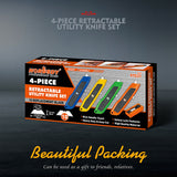 Set of 4 utility knives with snap-off blades, featuring retractable grip handles and a pack of 10 spare blades. Ideal for daily use in cutting cardboard, paper, wires, PVC, and crafts