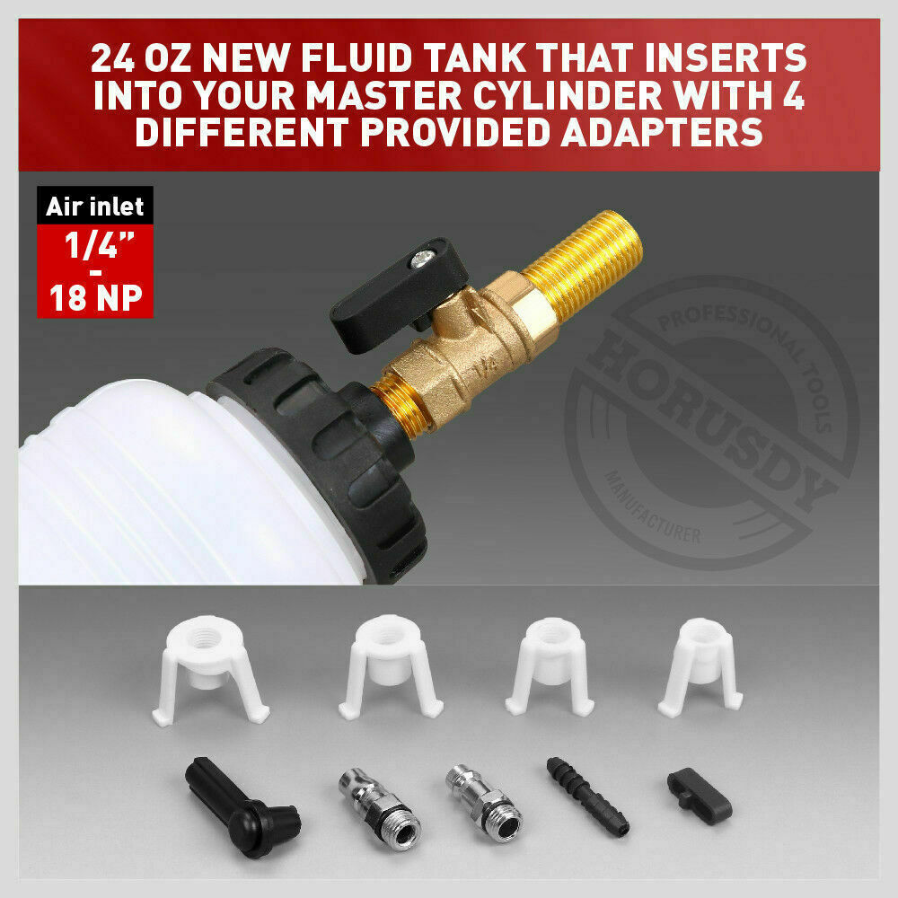 1-Liter Pneumatic Brake Fluid Bleeder Kit with various master cylinder adapters and refill container for efficient one-person brake maintenance.