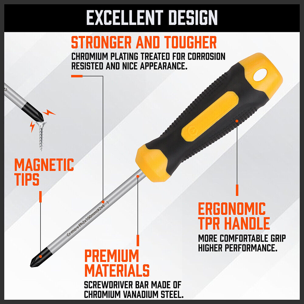 10-Piece Magnetic Screwdriver Set with Ergonomic Non-Slip Handles, Phillips and Flat Heads, Including Degausser and Storage Case