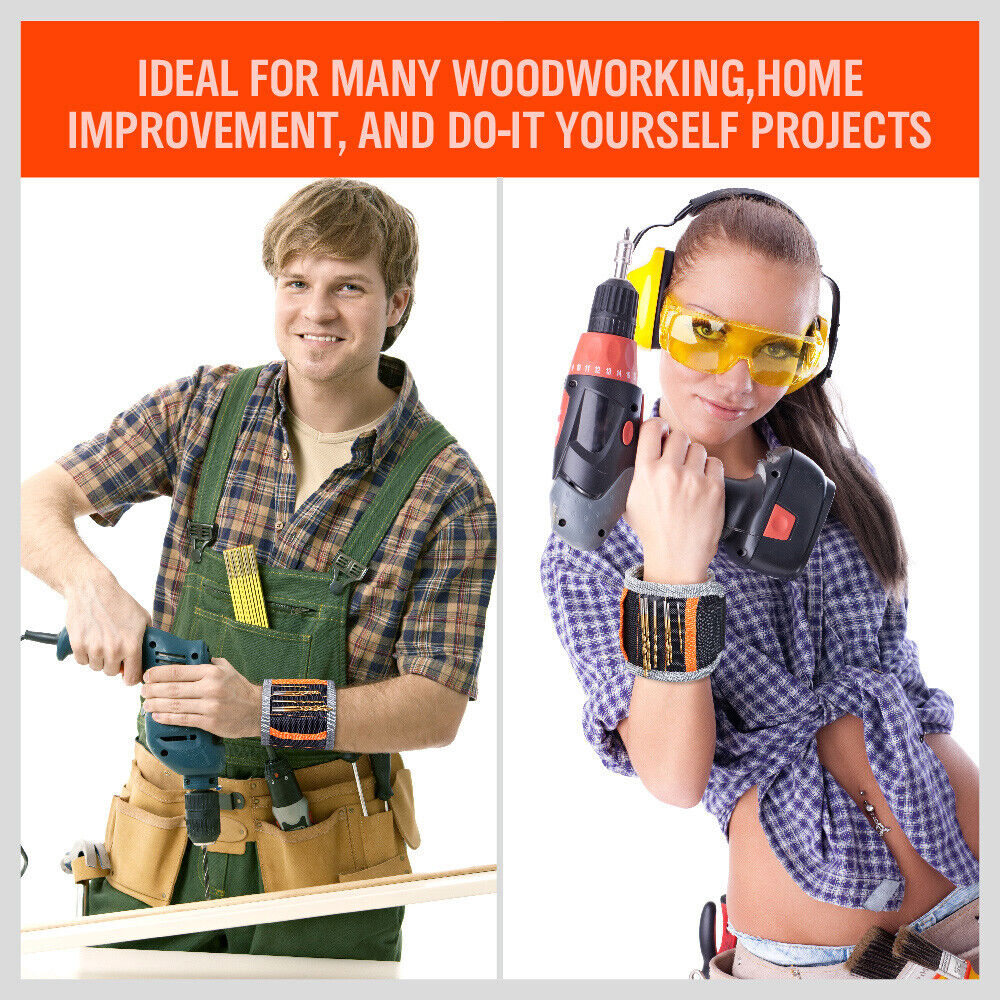 Adjustable magnetic wristband with strong magnets for securing screws, bolts, and nails.