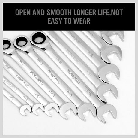 20-Piece Ratchet Spanner Set with Both Metric and Imperial Sizes, Chrome Vanadium Construction, Open End and Ring Wrenches