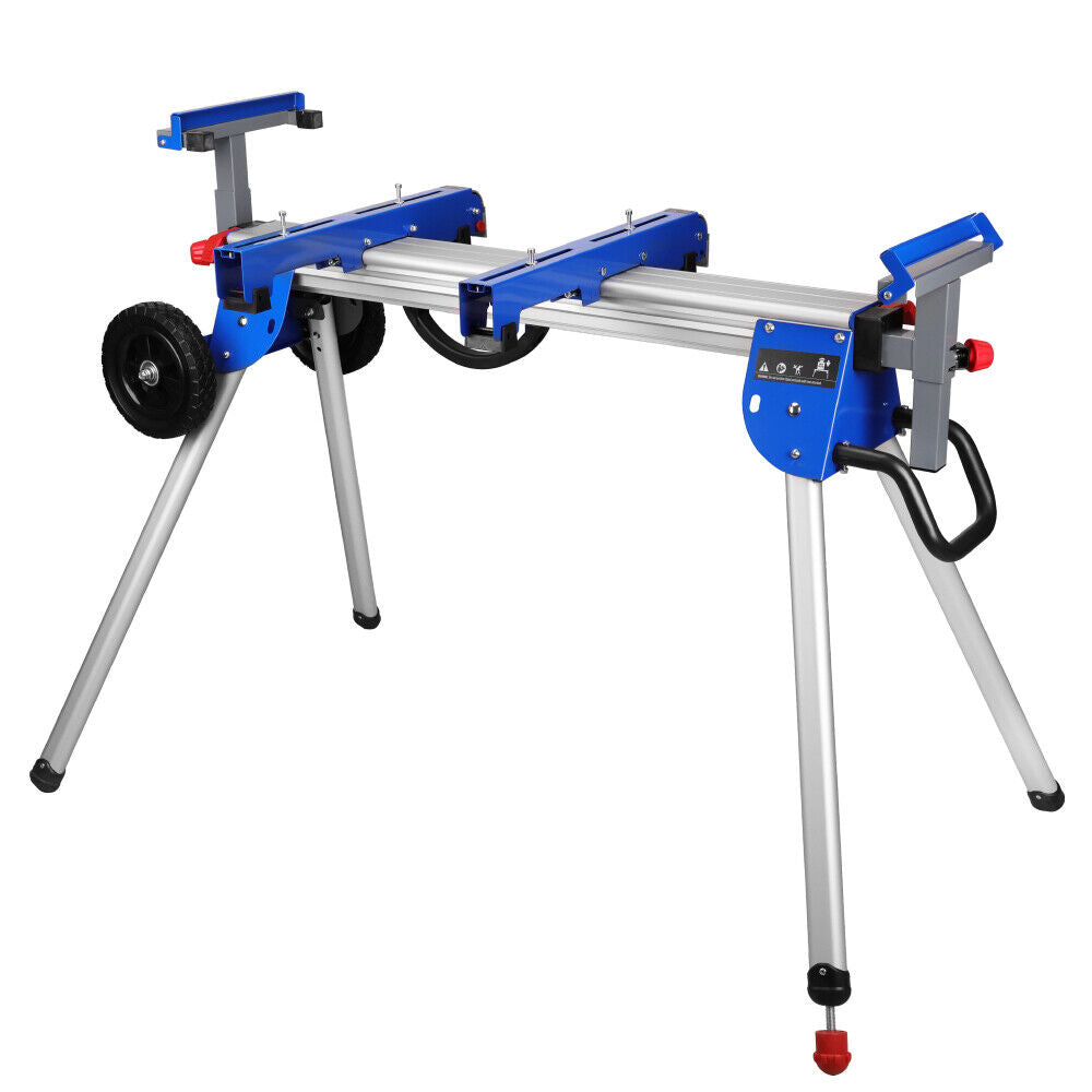 A miter saw stand featuring one-piece mounting brackets, a 45-inch sliding rail, and a 500lb capacity, designed for heavy-duty use and easy folding for storage.