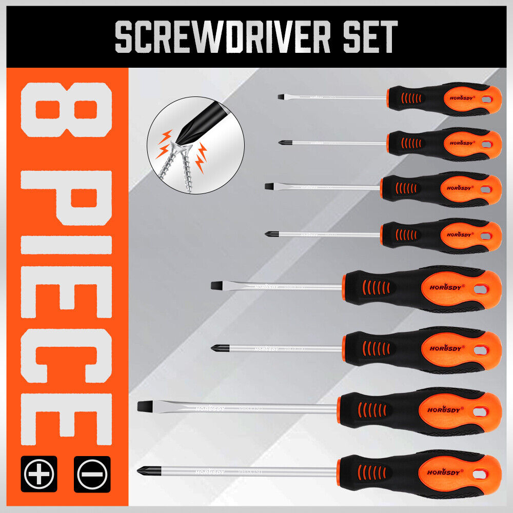 HORUSDY 8-Piece Magnetic Screwdriver Set featuring Non-Slip TPR Handles and Precision Phillips & Slotted Tips, with Tamper-Resistant Design