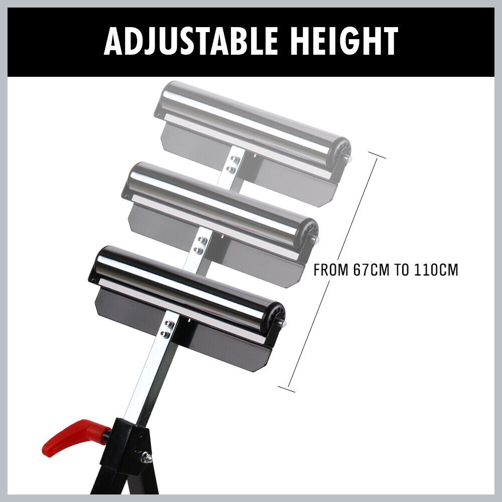 Heavy Duty Steel Foldable Roller Support Stand, Adjustable 67-110cm Height, Powder Coated, 60kg Capacity - Ideal for Wood and Metal Work