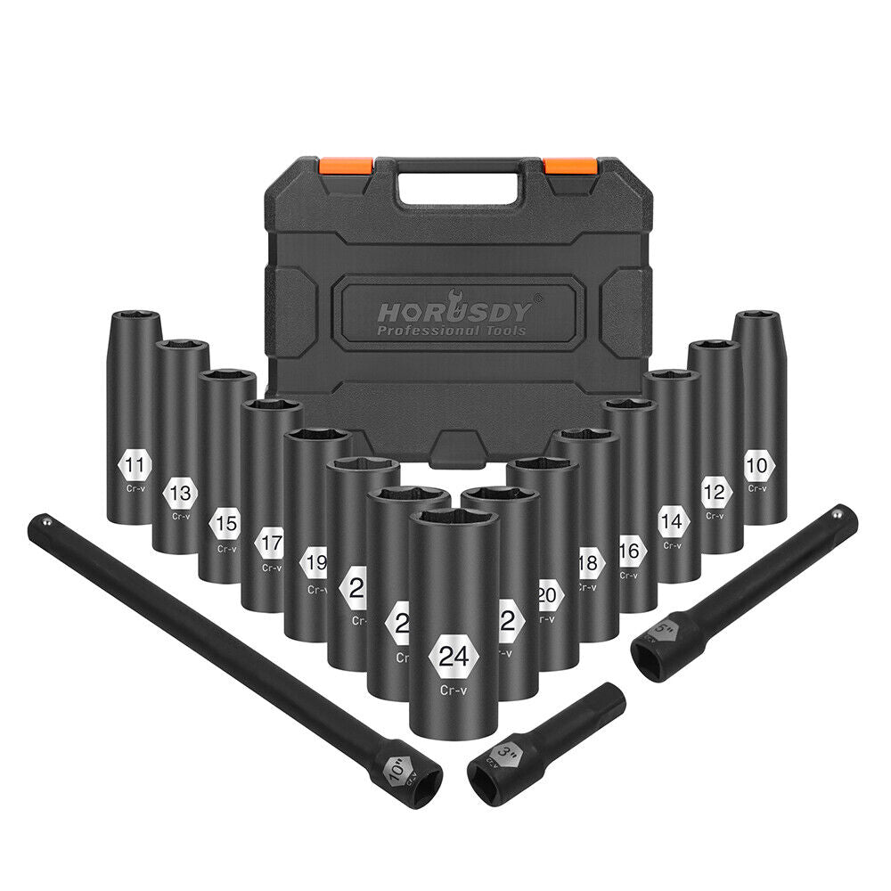 HORUSDY 18-Piece 1/2 Inch Drive Deep Impact Socket Set, Metric Sizes 10-24mm, Chrome Vanadium Steel with Black Phosphoric Acid Treatment and Laser Marking, Including 3 Extension Bars