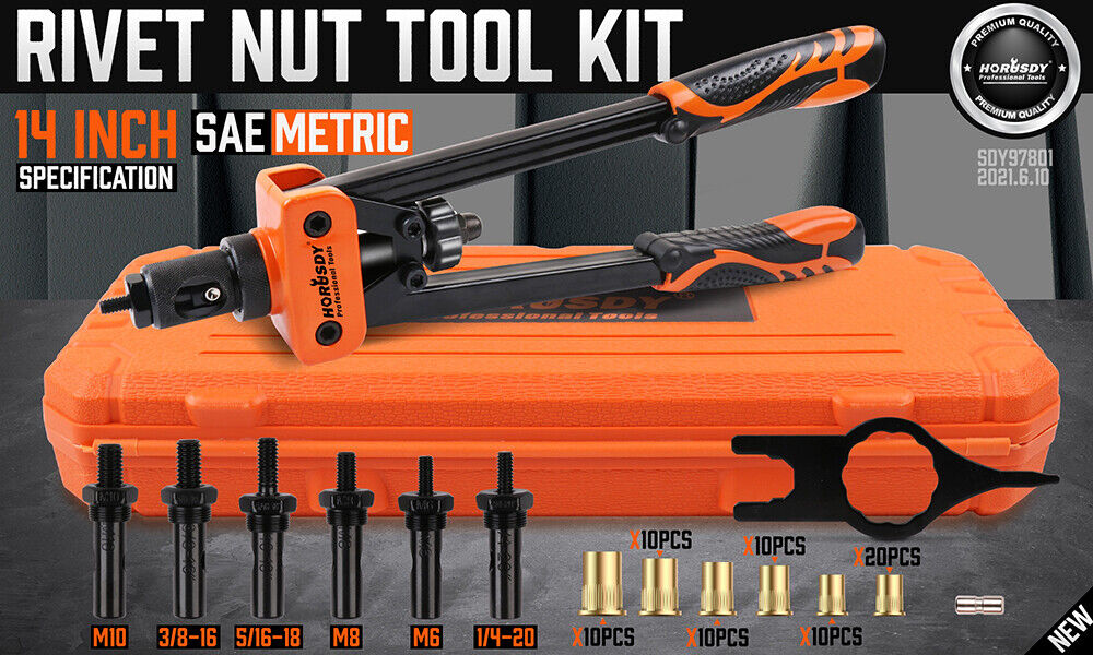 Professional 14-Inch Rivet Nut Tool Set Featuring Interchangeable Metric & SAE Mandrels and Rivnuts