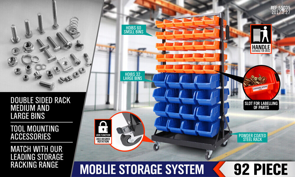 Mobile garage storage bin rack with 92 detachable bins and swivel wheels for organized tool and part organization.