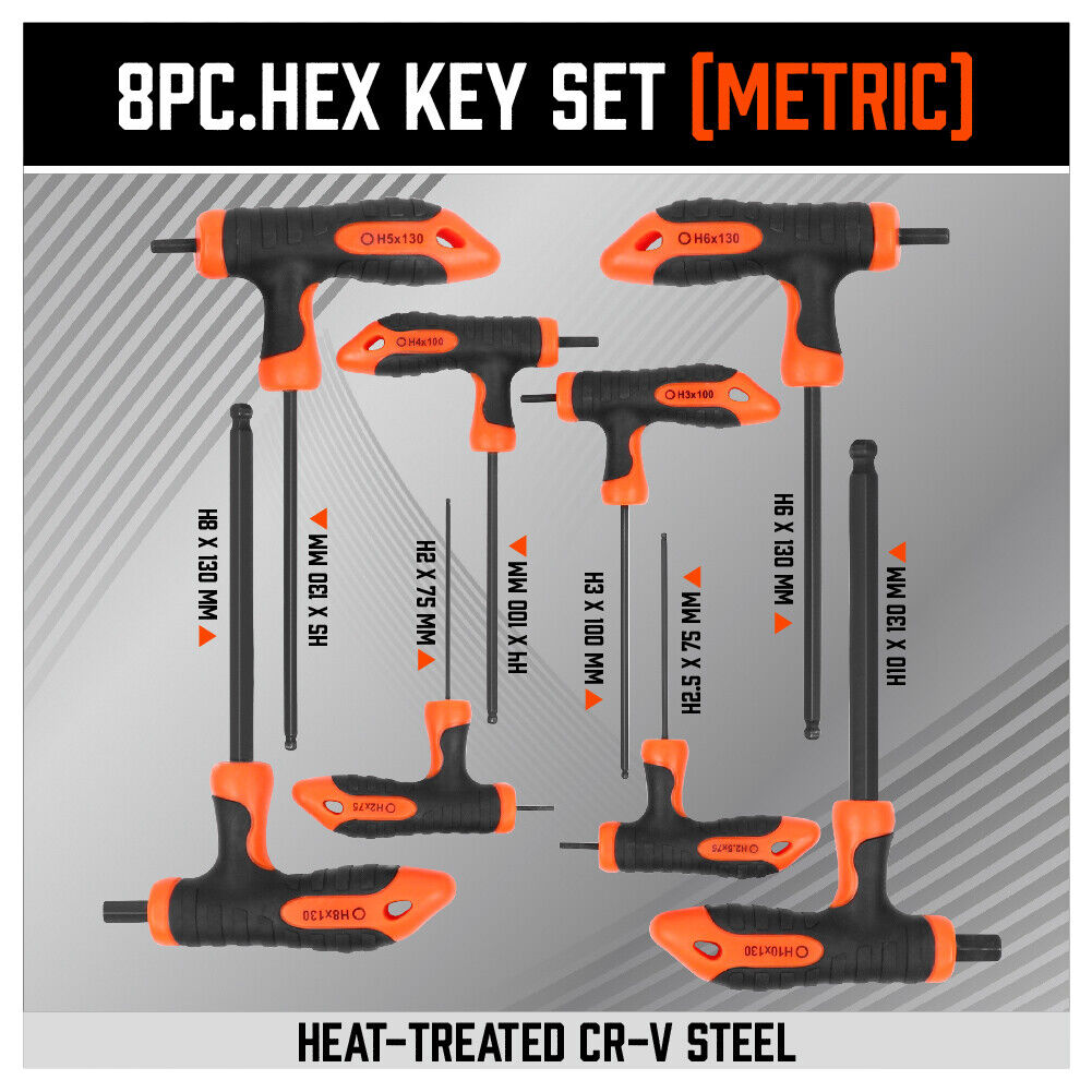 16-piece set of T-handle hex wrenches with ball ends, metric and imperial sizes, featuring ergonomic grips for comfortable use