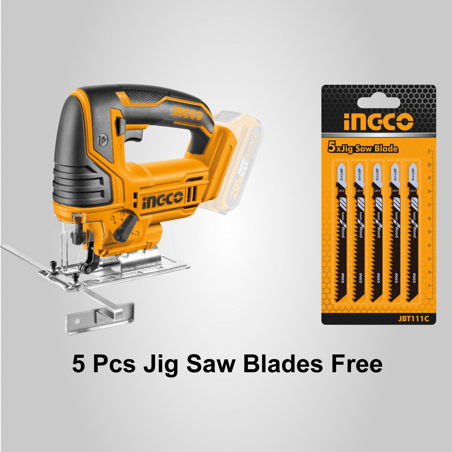 INGCO Jig Saw 20V Cordless Lithium Safety Cover Wood Metal Cutting With 5 Blades