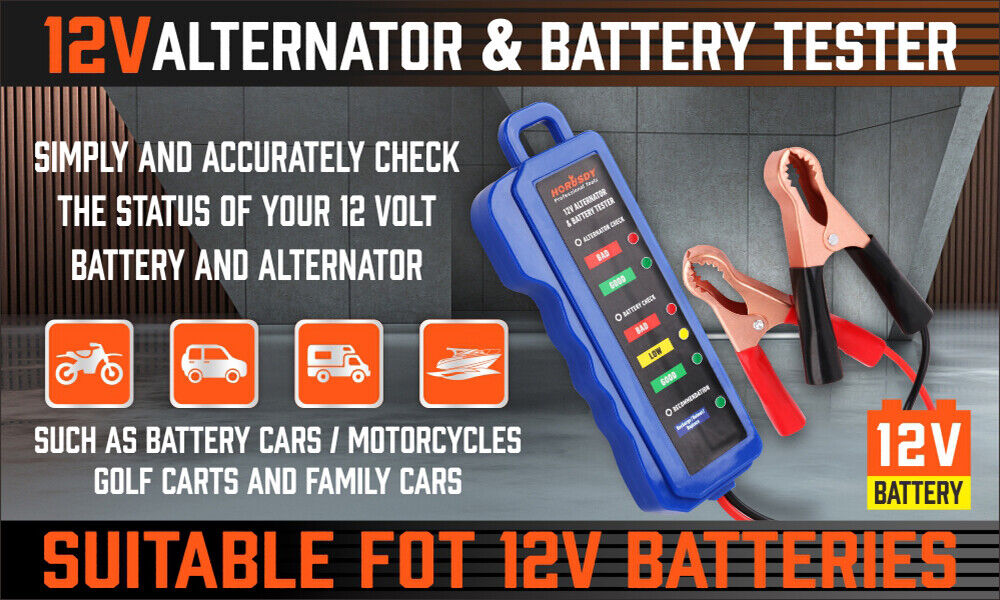 Compact Digital 12V Alternator Battery Tester - Features 6 LED Display and Testing Clips for Cars and Motorcycles