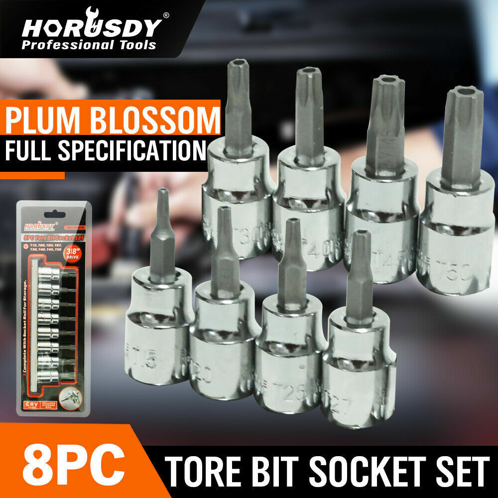 Durable 8-Piece Torx Bit Socket Set with Sizes T15-T50 - 3/8" Drive, Tamper Proof, Chrome Vanadium Steel, Includes Rail Holder