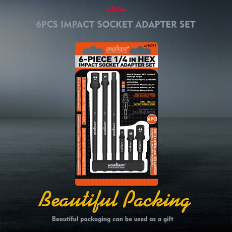 6Pc Heavy Duty Impact Driver Socket Adapter Set - Chrome Vanadium Steel with 3" & 6" Extensions for Versatile Use