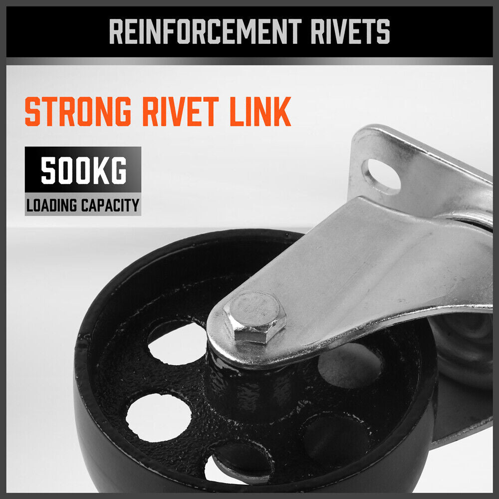Set of four 3.5-inch Heavy Duty Steel Castor Wheels, featuring industrial-grade bearings, swivel casters with a 500KG per wheel loading capacity, and a robust steel construction for long-lasting use