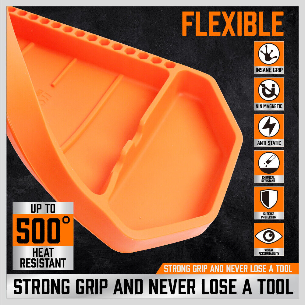 Set of three non-slip, flexible silicone tool trays in different sizes for organizing parts and tools in a workshop.