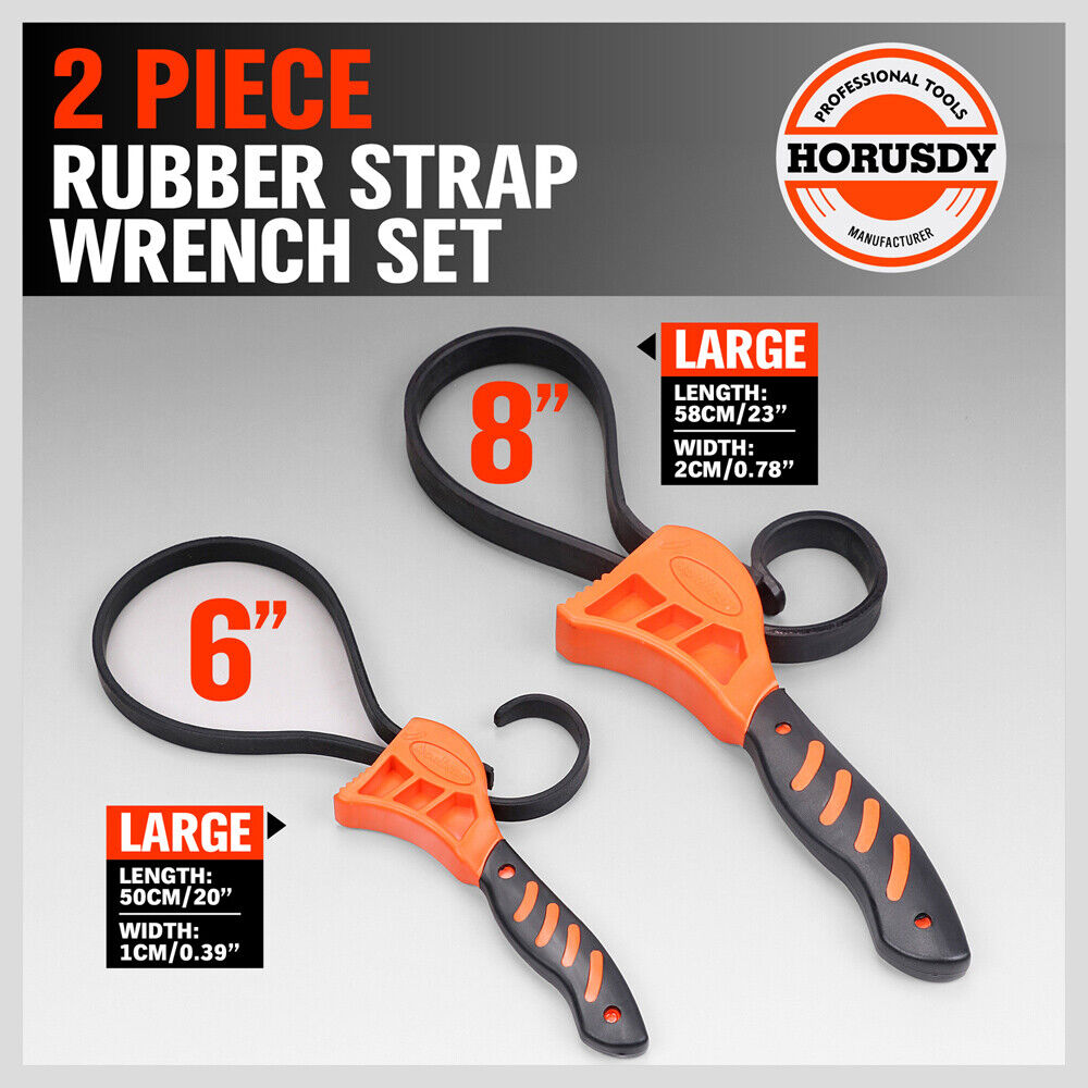 Two-piece adjustable strap wrench set with reinforced rubber belts and ergonomic handles.