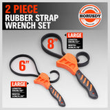 Two-piece adjustable strap wrench set with reinforced rubber belts and ergonomic handles.