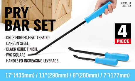 Four-Piece Steel Pry Bar Set, featuring heavy-duty drop-forged steel construction. The set includes pry bars in sizes 17 inches, 11 inches, 8 inches, and 7 inches. Each pry bar has a black oxide finish and a robust PVC square handle, making them ideal for mechanics and panel beaters for various prying and nail-pulling tasks