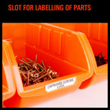 Red and orange stackable plastic parts storage bins with wall-mounted rack, ideal for organizing small tools, fishing tackle, and craft supplies