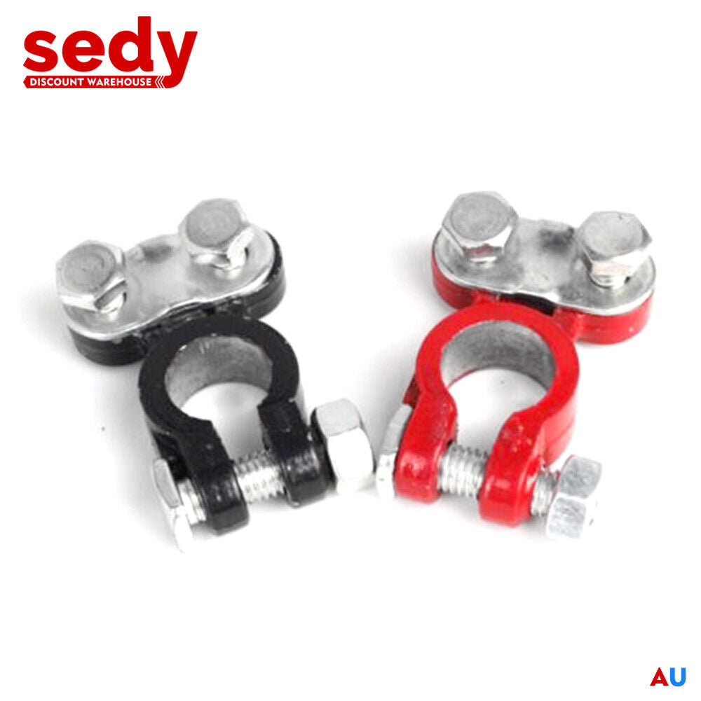 Pair of universal battery terminal clamps for 6V and 12V car batteries.