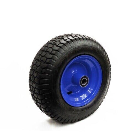 Durable 16-inch wheelbarrow wheel featuring a 6.5-inch wide tyre, 8-inch steel rim, and 25mm bore bearings, with a 4-inch hub width for trolleys, carts, and trailers