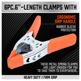 Set of 6 Heavy Duty 6-Inch Spring Clamps with Non-Slip Rubber Grip and 2.5-Inch Jaw Opening for Carpentry and DIY