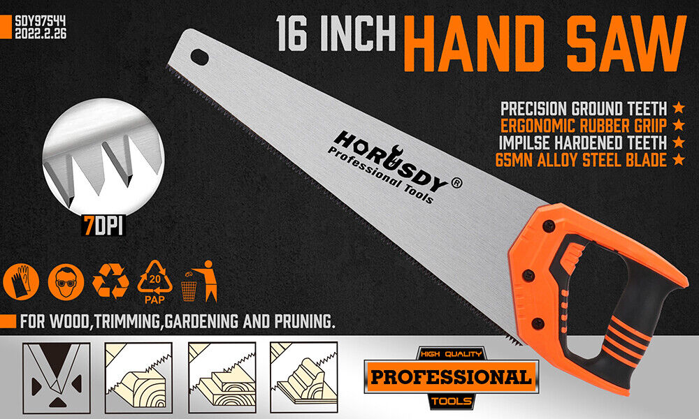 16-inch robust hand saw with triple-ground and induction-hardened teeth, designed for efficient cutting of wood, plastic, and PVC, measuring 505mm in length with an ergonomic handle