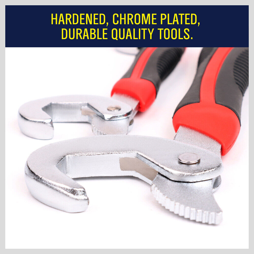 4-Piece Universal Quick Snap N Grip Wrench Set featuring two large and two small adjustable wrenches. These wrenches adapt to various bolts and nuts sizes, showcasing their self-adjusting technology for effective and easy use.