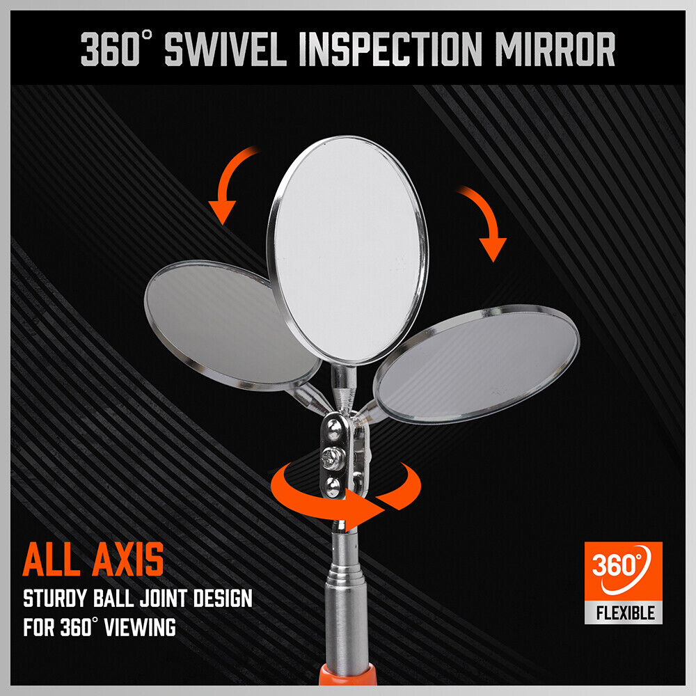 Three-piece magnetic pick-up and inspection tool set featuring a telescopic flashlight with LED, a magnetic rod, and a flexible swivel inspection mirror.