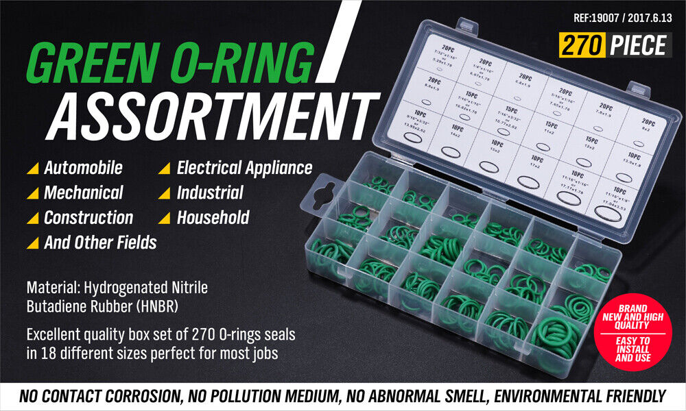 Comprehensive assortment of 270 NBR O-rings in 18 sizes for various applications