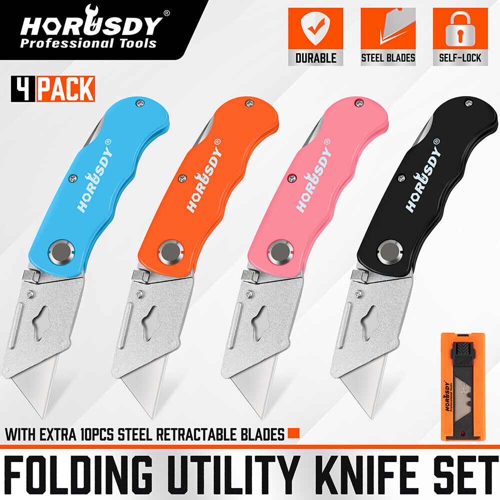 Set of four folding utility knives in Black, Blue, Orange, and Pink colors, featuring quick-change mechanism and back-lock mechanism, ideal for DIY projects, cutting cardboard, carpet, and more. The set includes 10 extra SK5 material blades and a convenient storage carry bag