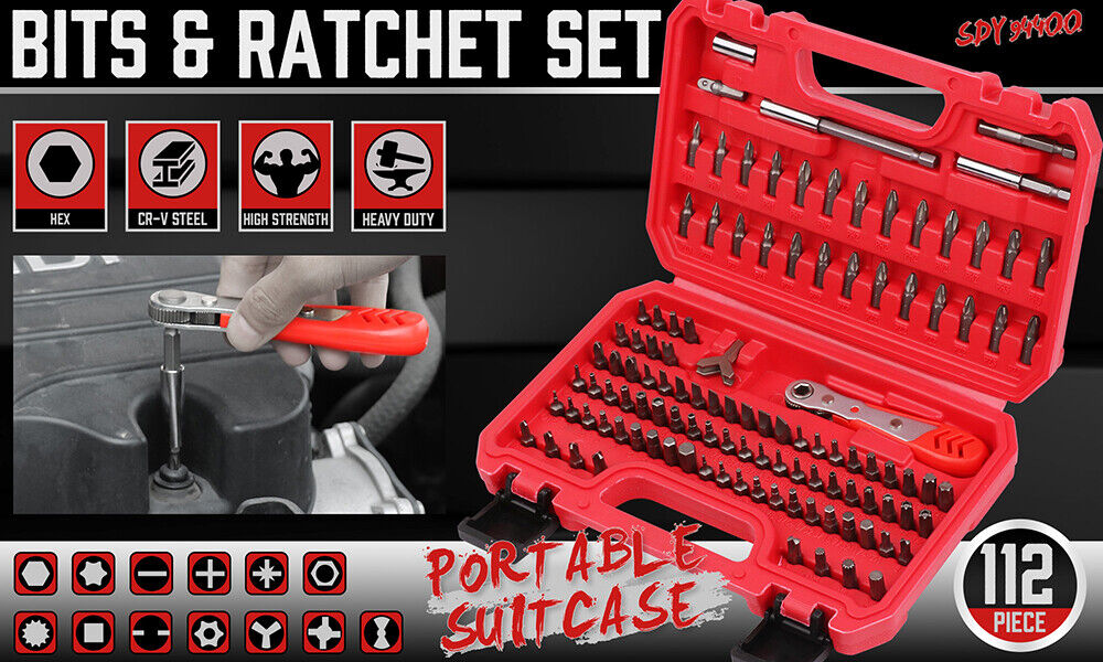 112PC Security Bit Set - Durable CRV steel, versatile set, ratcheting wrench, comprehensive bit types, convenient storage.