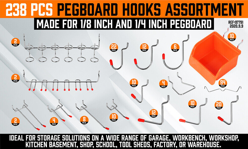 Comprehensive Set of Pegboard Accessories with Bins and Hooks for Organizing Tools