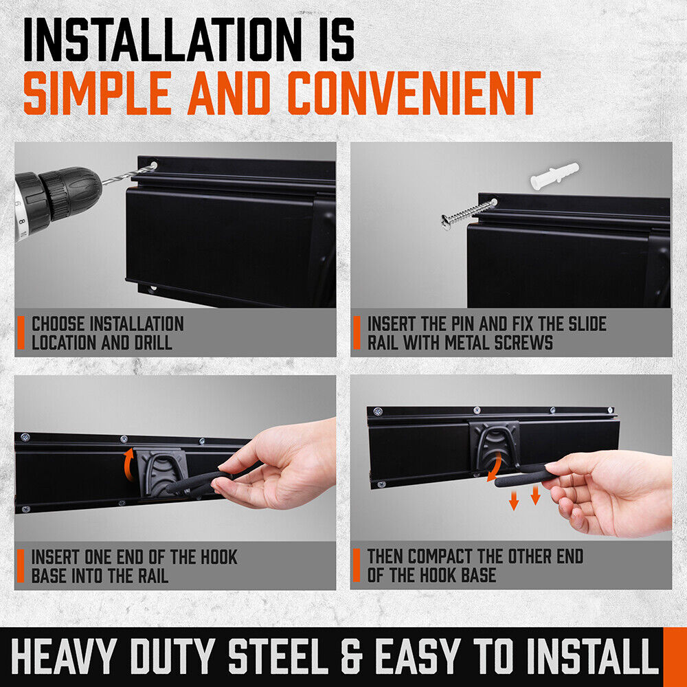 Versatile 15-Piece Wall Mount Hook Set for Organized Tool Storage on 64-Inch Heavy Duty Rail