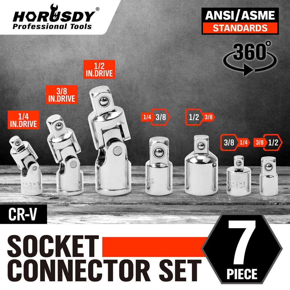 Versatile 7-Piece Socket Adaptor Set - Includes Flexible Adaptors and Reducers for 1/4", 3/8", 1/2" Drives with 360 Degree Swivel Action