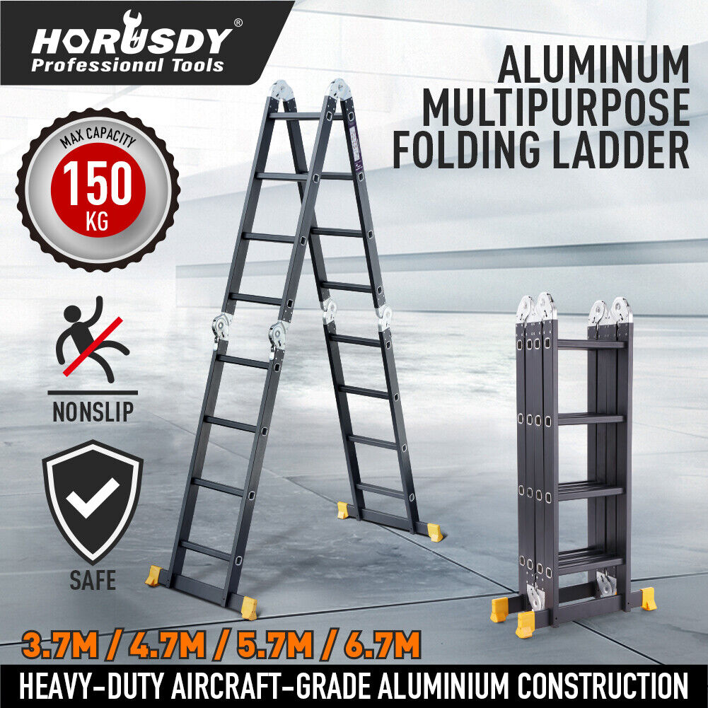 Premium aluminum multi-purpose folding ladder transforms from 3.7M to 6.7M stepladder, stairway ladder, extension ladder and scaffold platform.