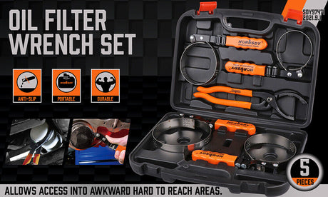 Comprehensive 5-Piece Oil Filter Wrench Set with Swivel Grip - Chrome Vanadium Steel for Durability and Rubber Handles for Comfort