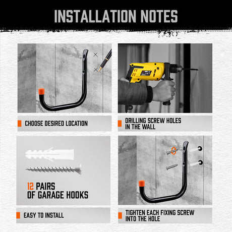 HORUSDY 6Pc Garage Storage Hooks Set - Durable Steel, Rust Resistant, 15Kg/30Lbs Capacity