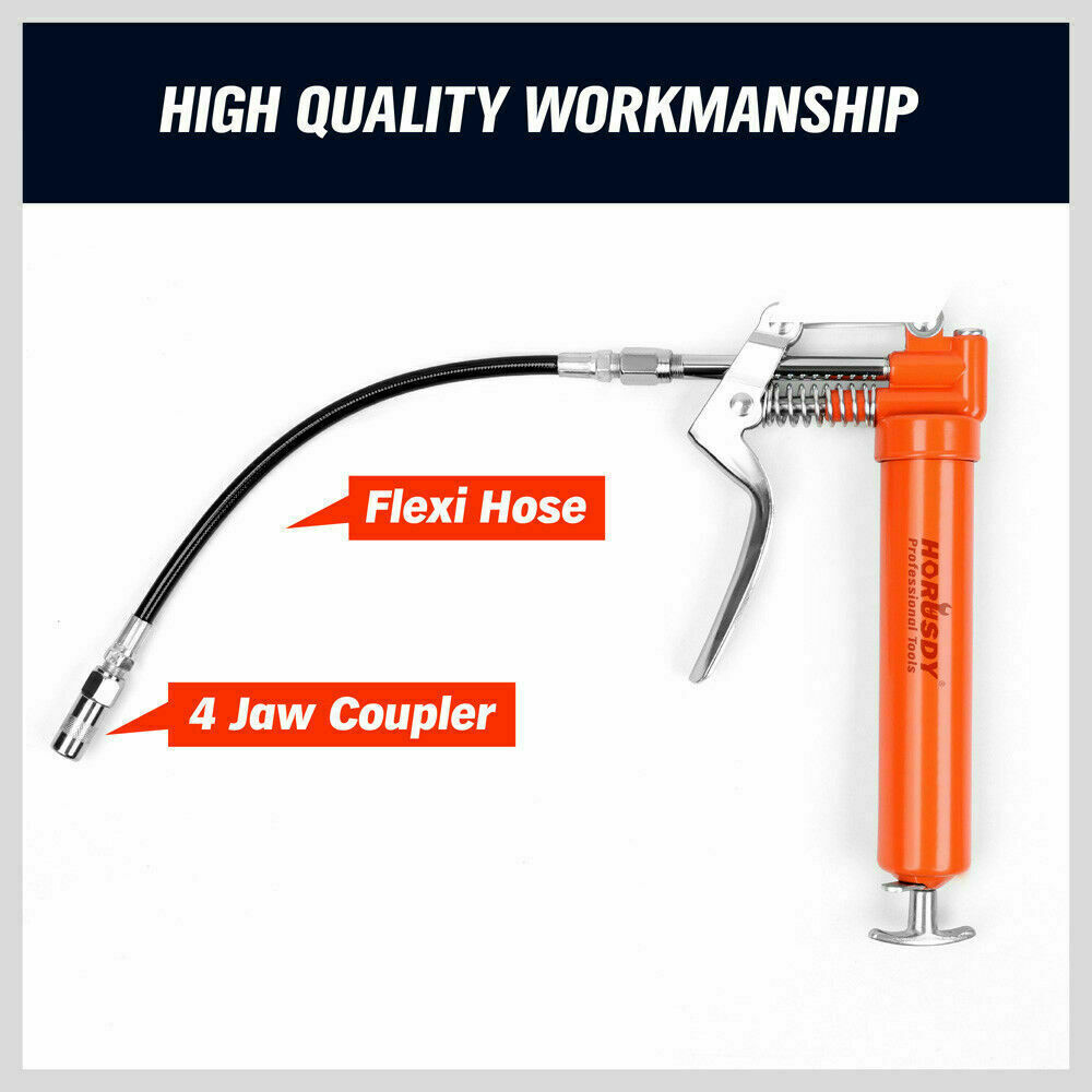 Versatile 2-way mini grease gun with a chrome finish, manual pistol grip, and accessories, including a 3OZ cartridge and flexible hoses