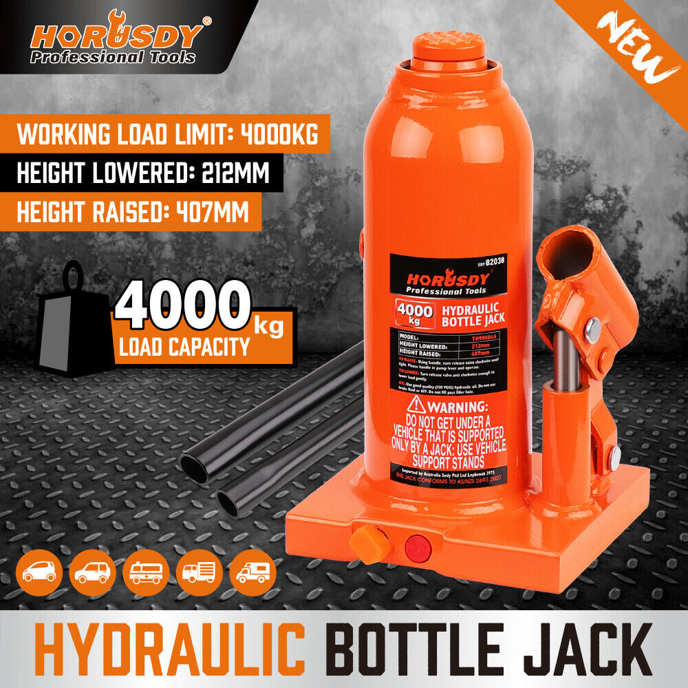 HORUSDY 4-Ton Heavy Duty Hydraulic Bottle Jack with Safety Valve, Engineered Steel Lifting Saddle, and AS/NZS 2693:2007 Certification for Secure and Safe Vehicle Lifting