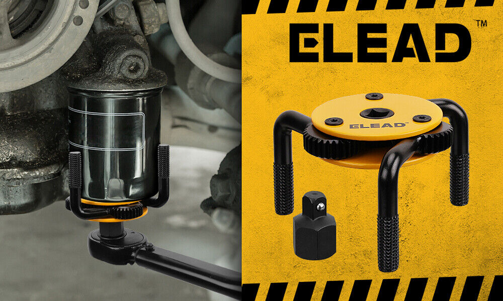 Adjustable ELEAD oil filter wrench set, compatible from 3 to 5-1/2 inches, with heat-treated black grip for high torque applications.