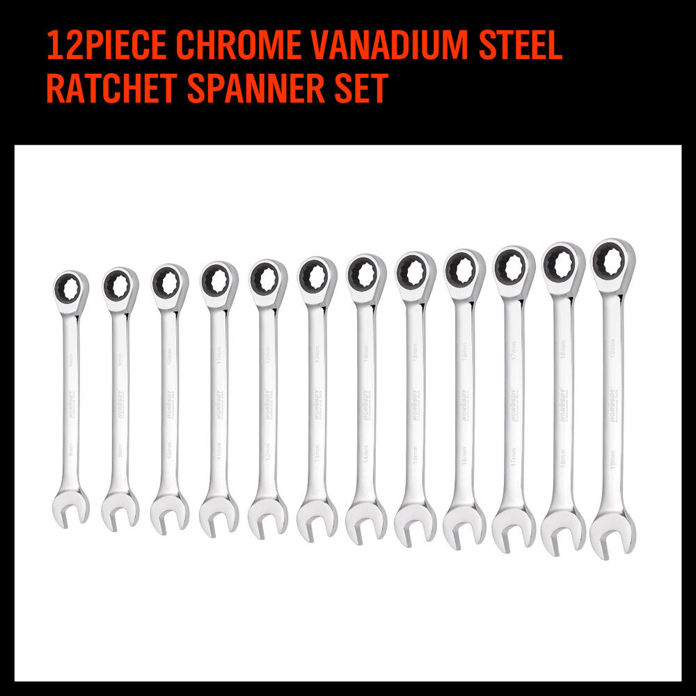 Complete 12-Piece Metric Ratchet Spanner Set in Sizes 8-19mm Made of Chrome Vanadium Steel, Including a Convenient Rolling Bag